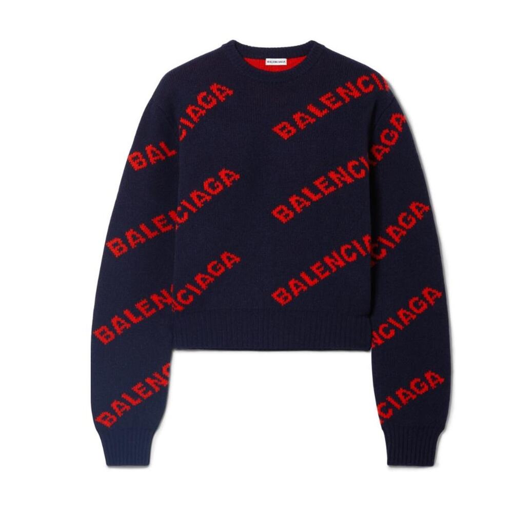 Balenciaga Logo Intarsia Wool Blend Sweater Top